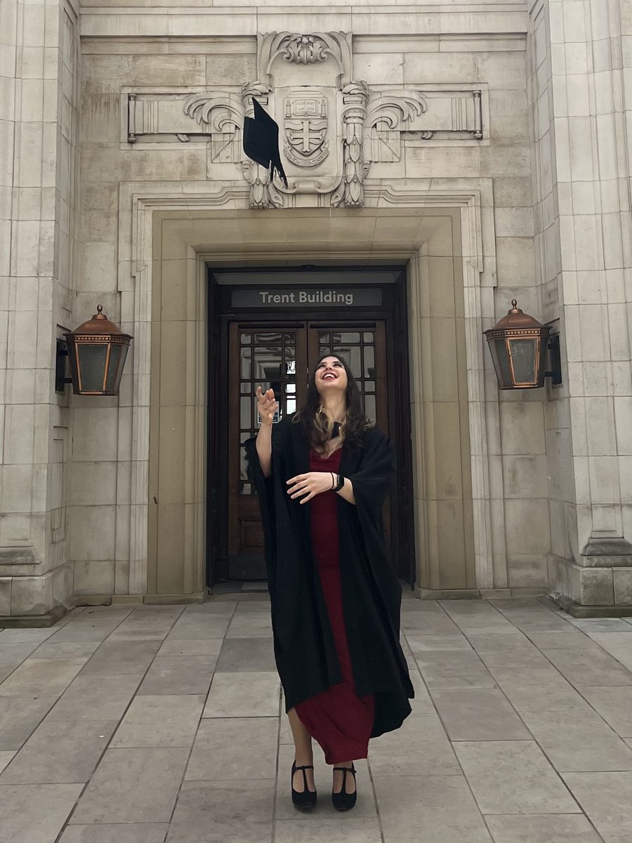 Jelena Skudra at her graduation in front of the Trent Building, University of Nottingham